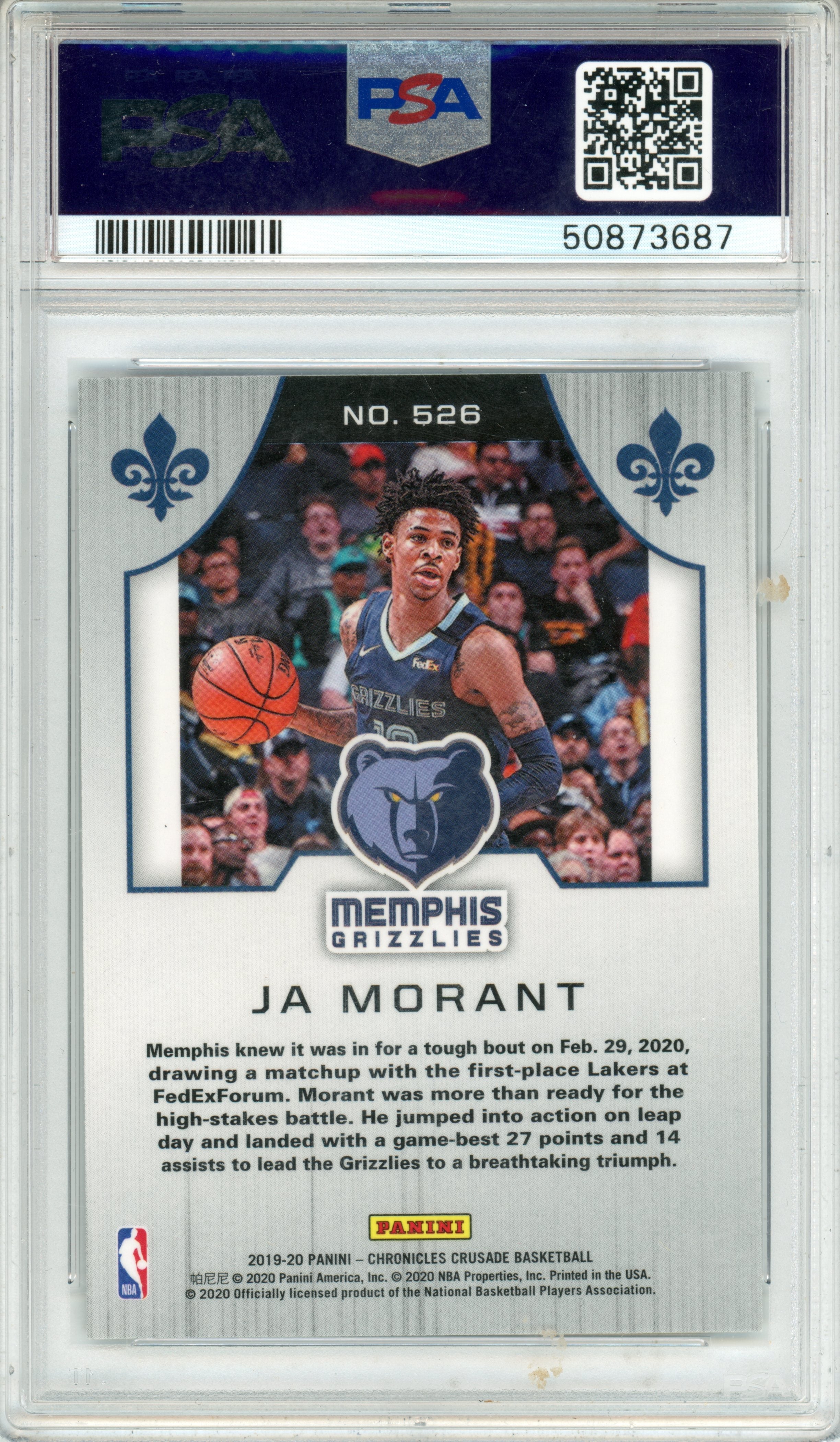 2019 Panini Chronicles Ja Morant Rookie #526 PSA 10 GEM MINT Memphis Grizzlies - Graded Sports Cards