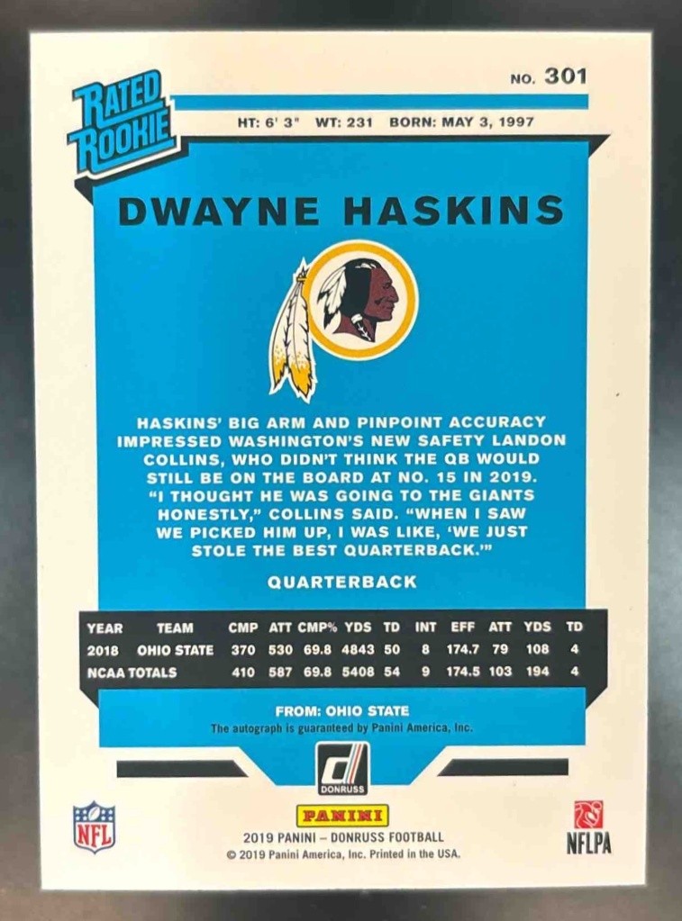 2019 Panini Donruss Dwayne Haskins Auto Bronze #301 RC Washington Redskins - Sports Cards