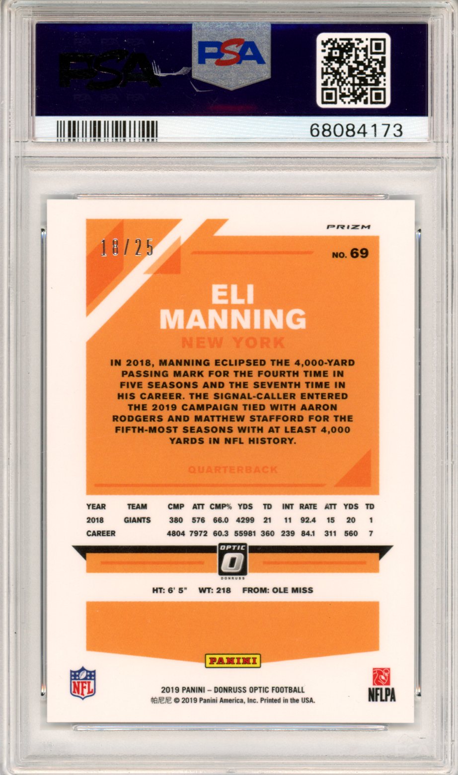 2019 Panini Donruss Optic Eli Manning Purple Stars #69 PSA 10 - Graded Sports Cards