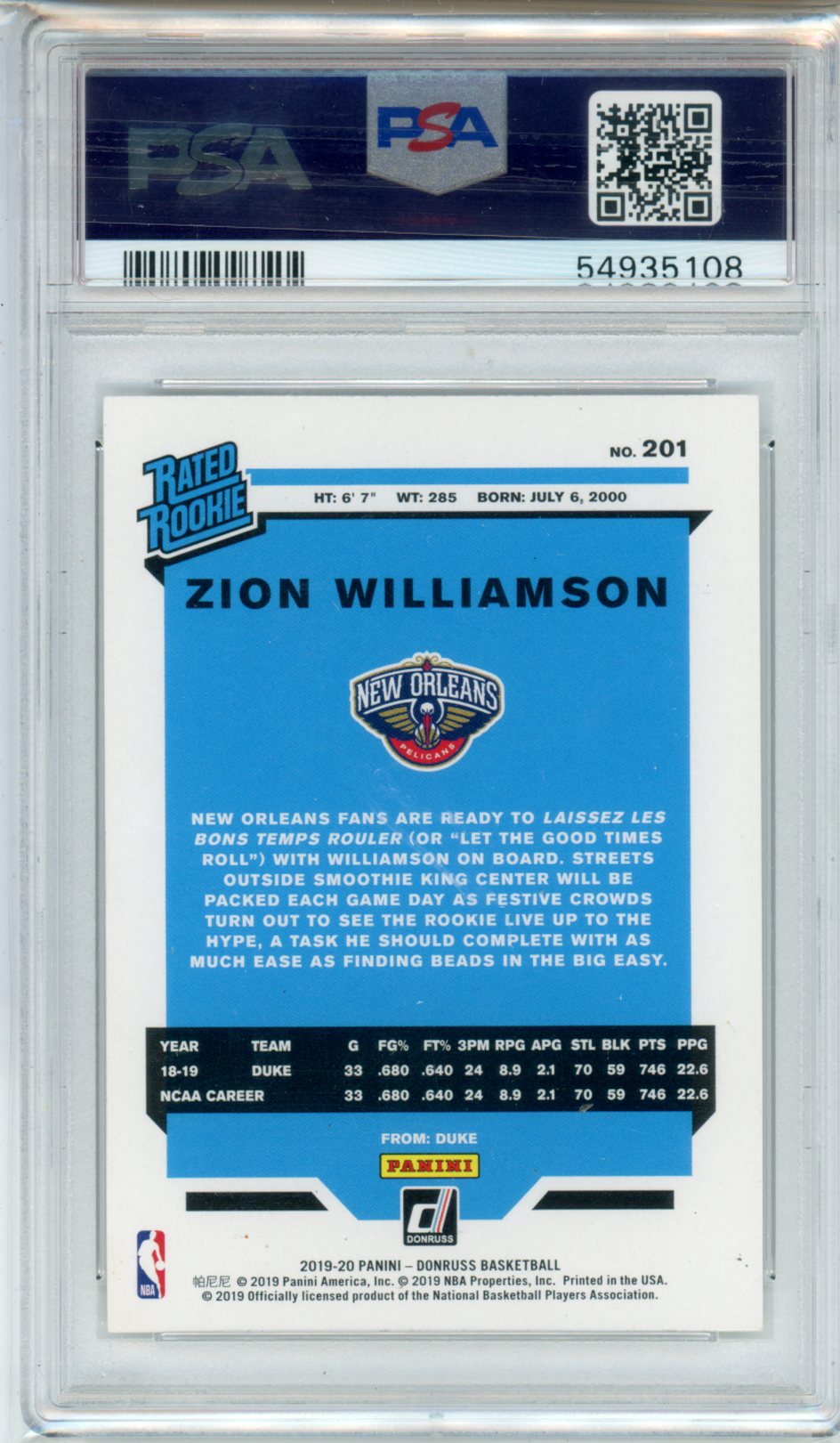 2019 Panini Donruss Zion Williamson #201 PSA 9 - Graded Sports Cards
