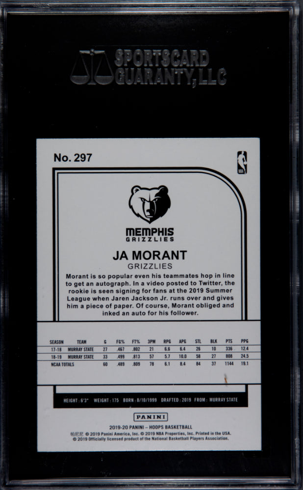 2019 Panini Hoops Ja Morant Tribute Rookie #297 SGC 9.5 Memphis Grizzlies - Graded Sports Cards