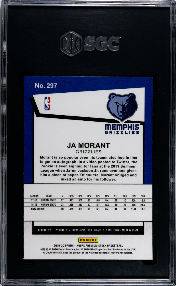 2019 Panini Hoops Premium Stock Ja Morant Tribute Rookie #297 SGC 10 GEM MINT - Graded Sports Cards