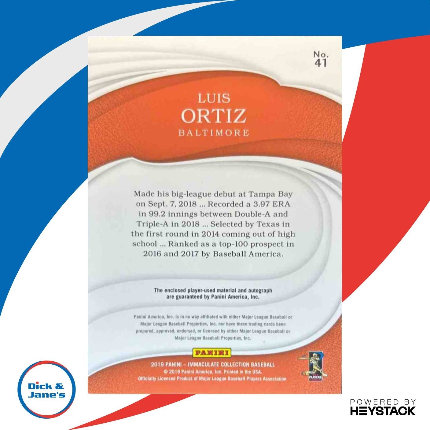 2019 Panini Immaculate Collection Luis Ortiz /99 #41 MEM Auto Baltimore Orioles - Sports Cards
