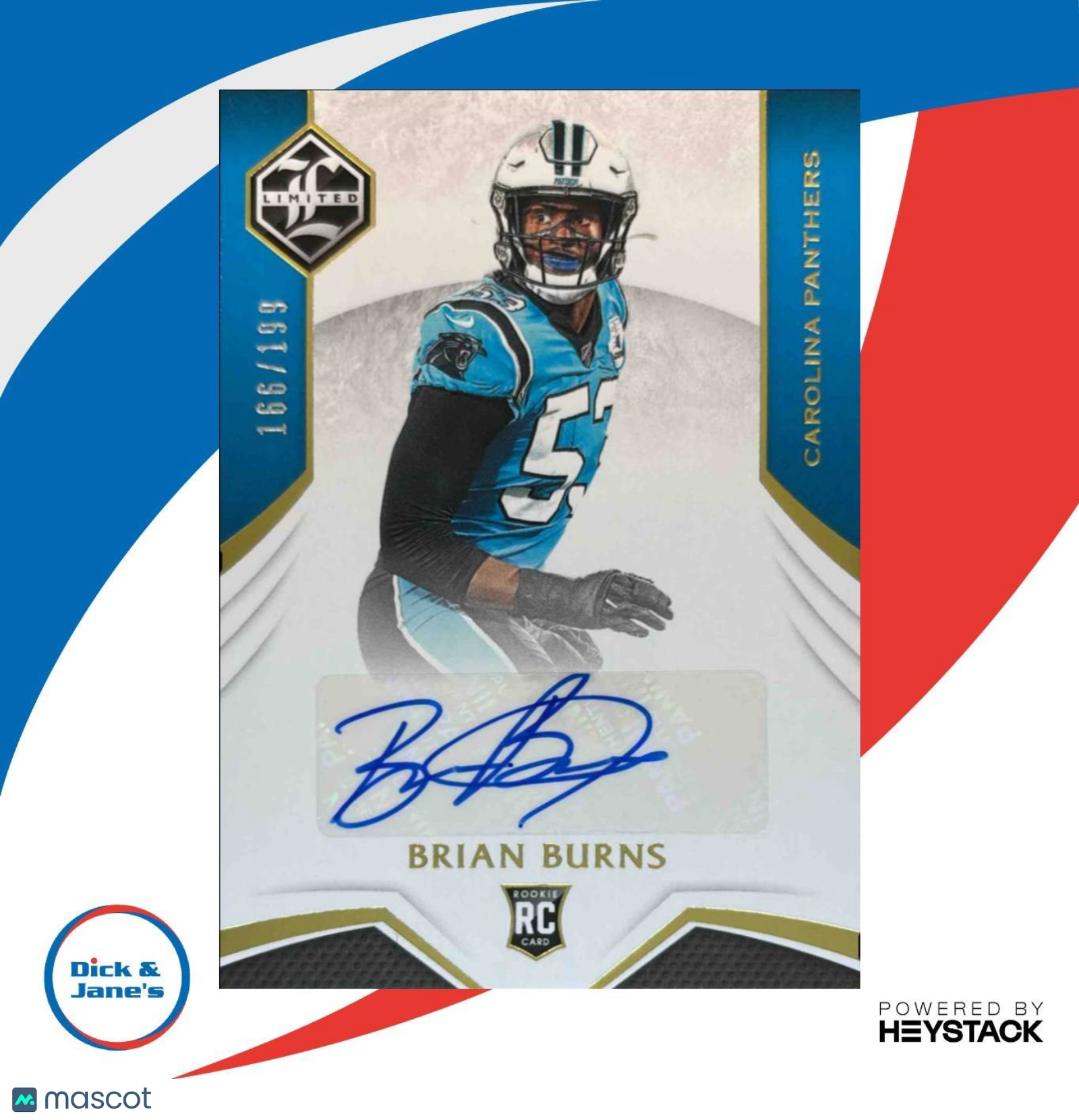 2019 Panini Limited Brian Burns 166/199 #186 Auto RC Carolina Panthers - Sports Cards
