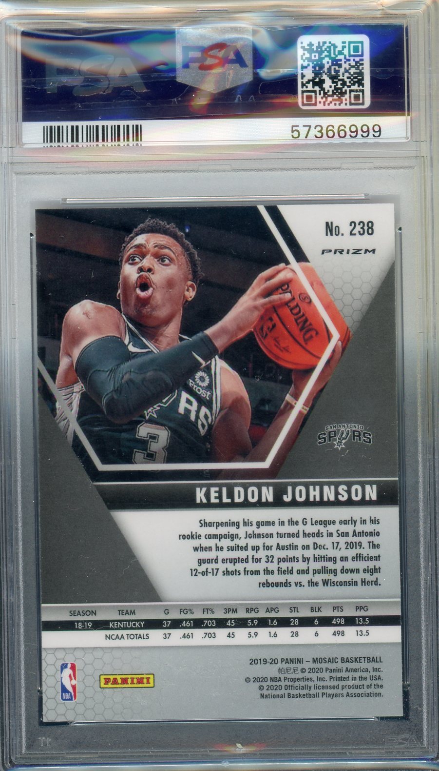 2019 Panini Mosaic Keldon Johnson Reactive Blue #238 PSA 9 - Graded Sports Cards