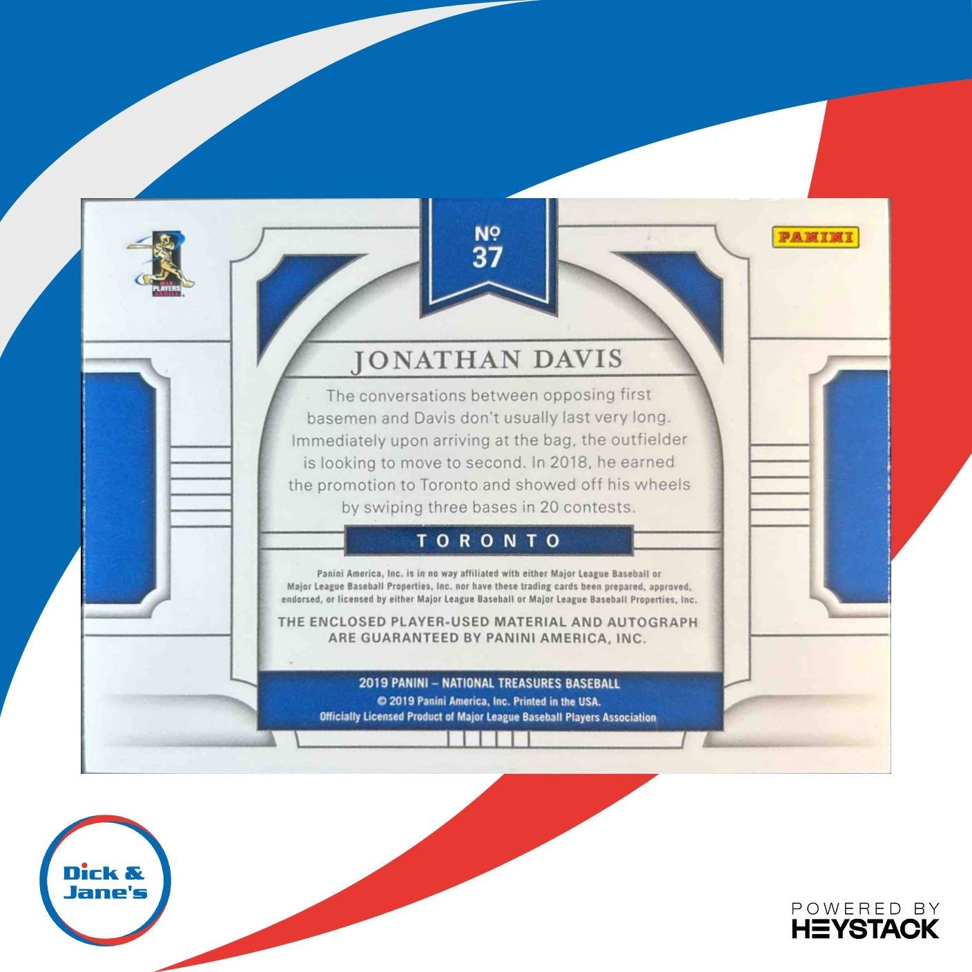 2019 Panini National Treasures Jonathan Davis /25 #37 MEM Auto RC Blue Jays - Sports Cards