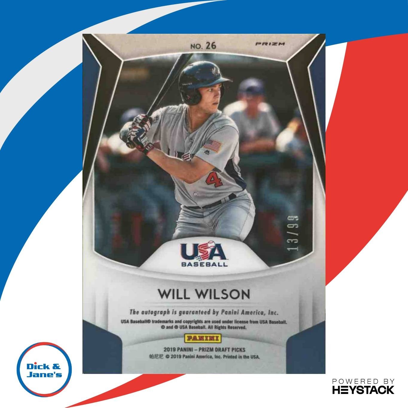 2019 Panini Prizm Draft Picks Will Wilson Auto Red/White/Blue 13/99 #26 USA - Sports Cards