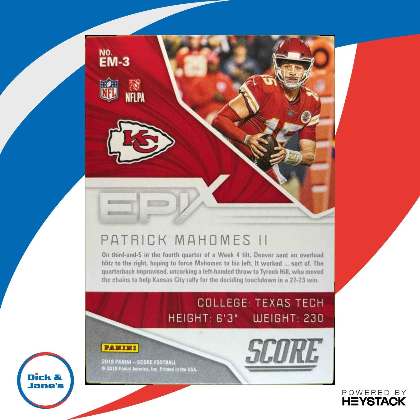 2019 Panini Score Patrick Mahomes II Epix Moment #EM-3 Kansas City Chiefs - Sports Cards