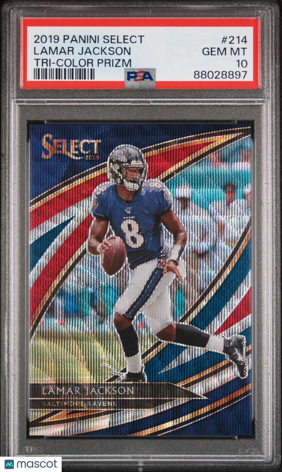 2019 Panini Select Lamar Jackson Tri Color Prizm #214 PSA 10 - Graded Sports Cards