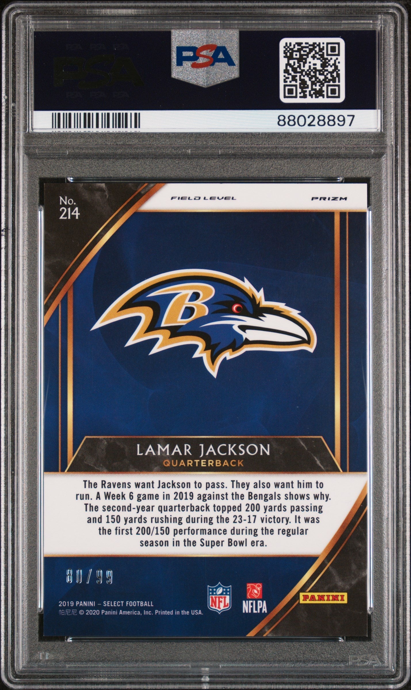 2019 Panini Select Lamar Jackson Tri Color Prizm #214 PSA 10 - Graded Sports Cards