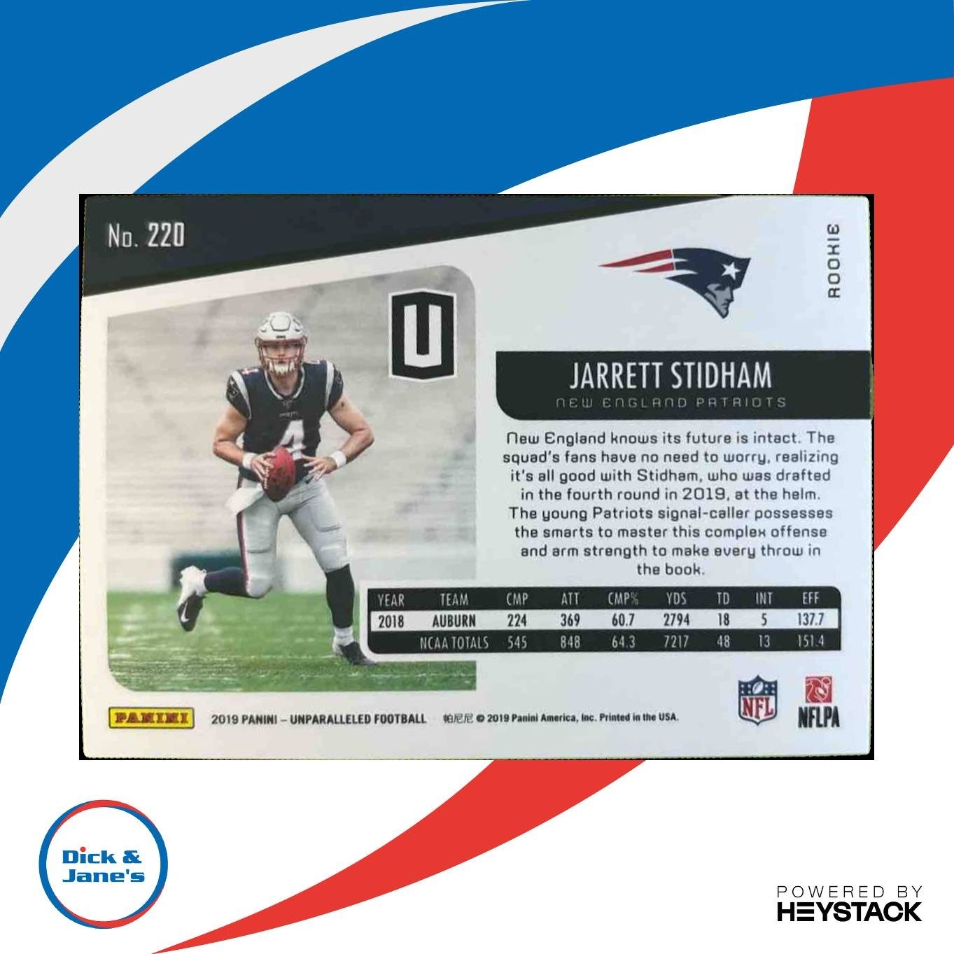 2019 Panini Unparalleled Jarrett Stidham #220 RC New England Patriots - Sports Cards