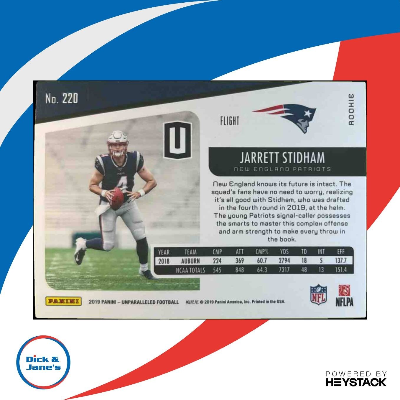2019 Panini Unparalleled Jarrett Stidham Flight #220 RC New England Patriots - Sports Cards