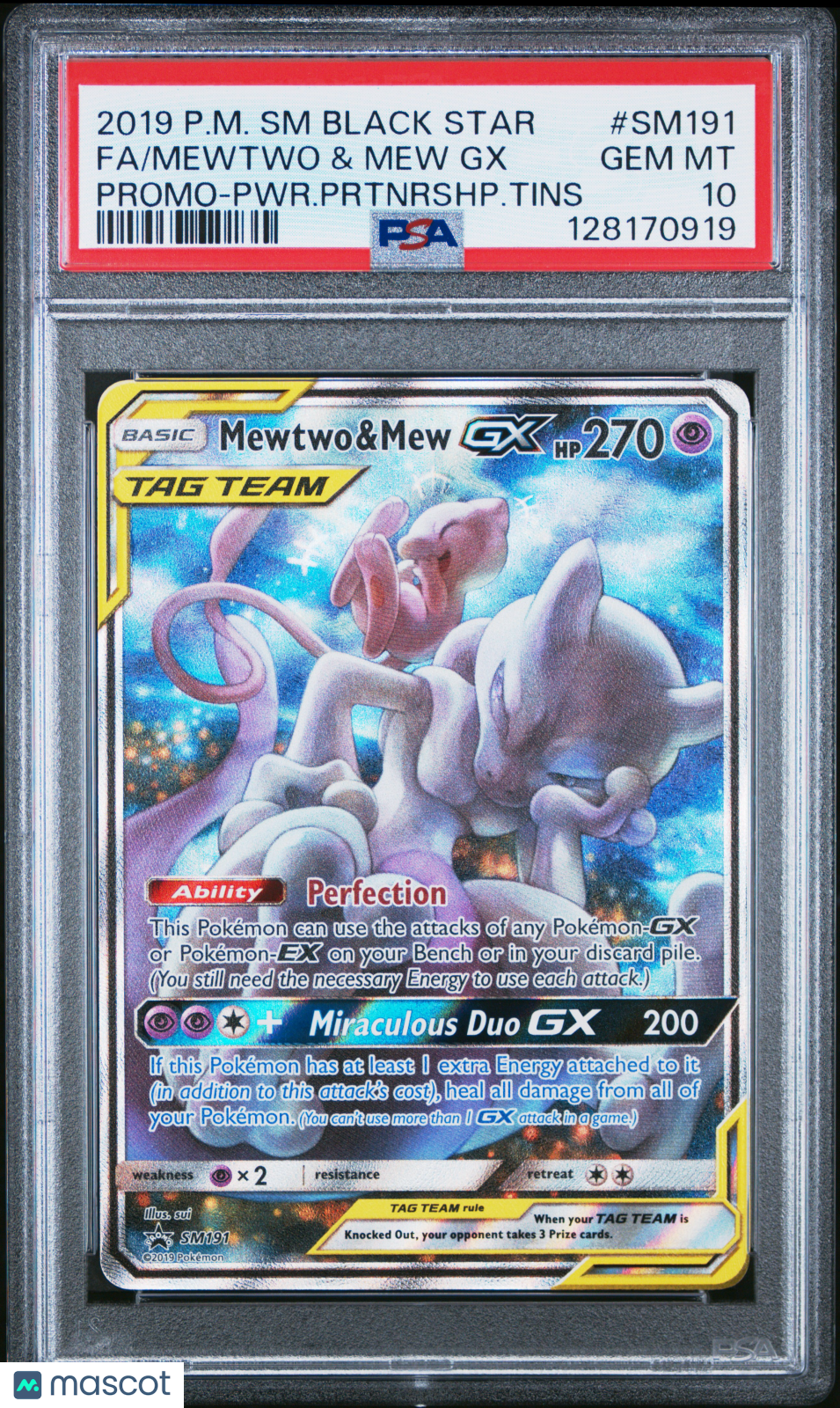 2019 Pokemon SM Promo Mewtwo & Mew GX #SM191 FA PWR.Prtnrshp.Tins PSA 10 GEM - Graded TCG/CCG