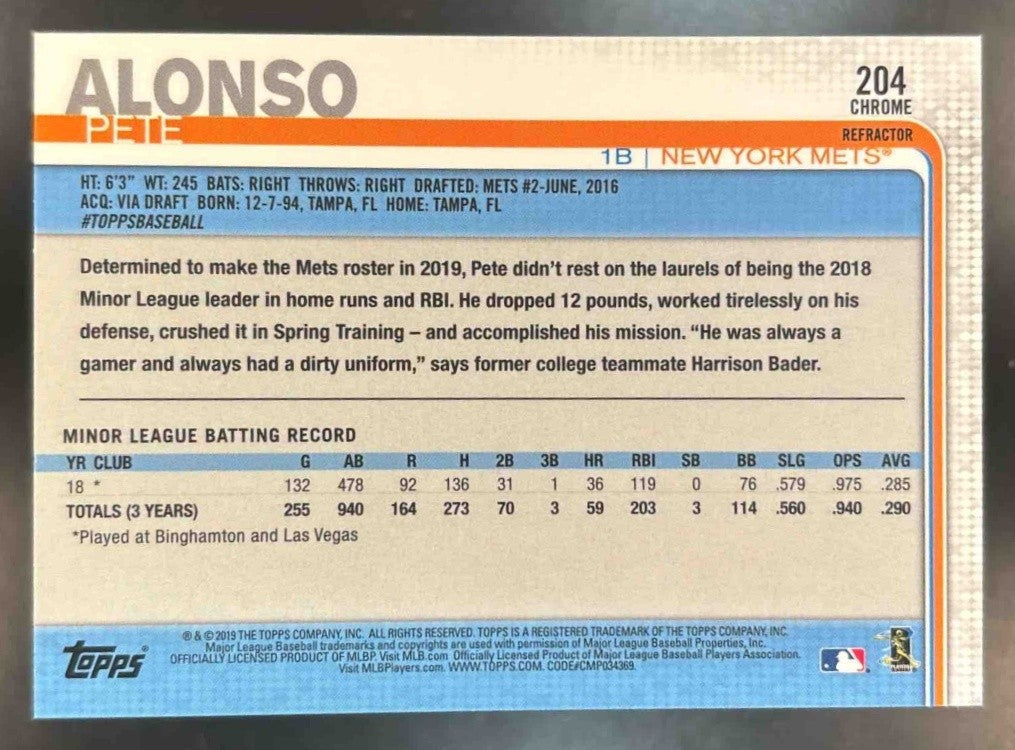 2019 Topps Chrome Pete Alonso Sepia Refractor #204 RC New York Mets - Sports Cards