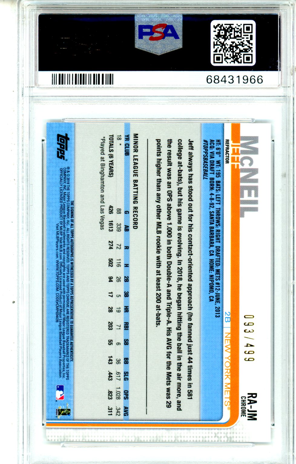 2019 Topps Chrome Rookie Autographs Jeff Mcneil Refractor /499 PSA 10 NY METS - Graded Sports Cards