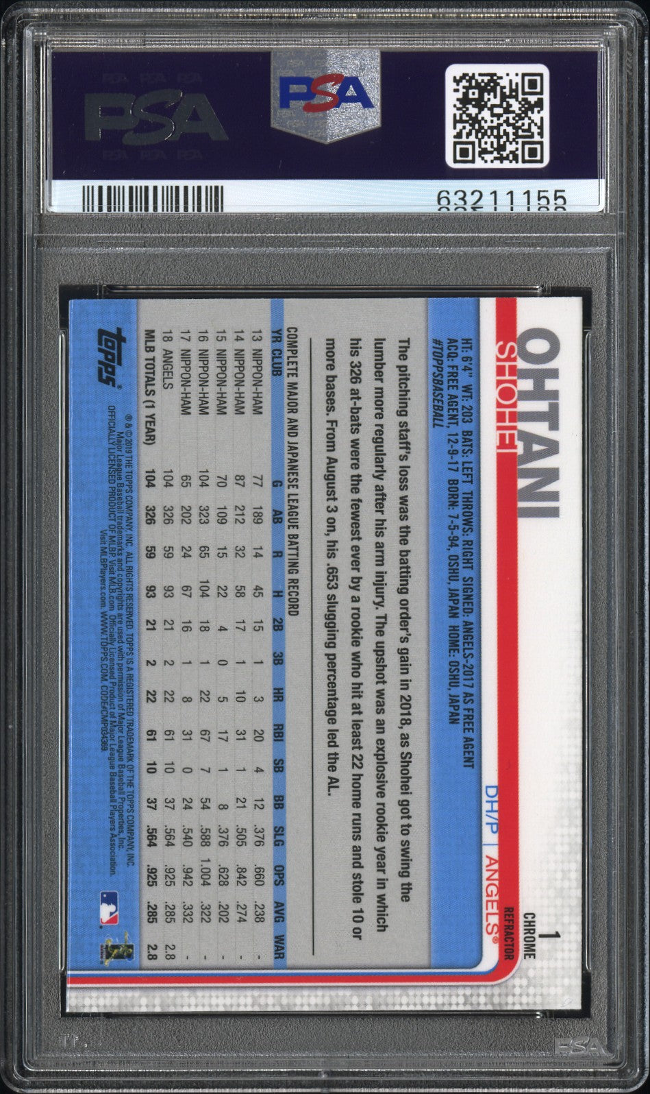 2019 Topps Chrome Shohei Ohtani X Fractor #1 PSA 10 - Graded Sports Cards