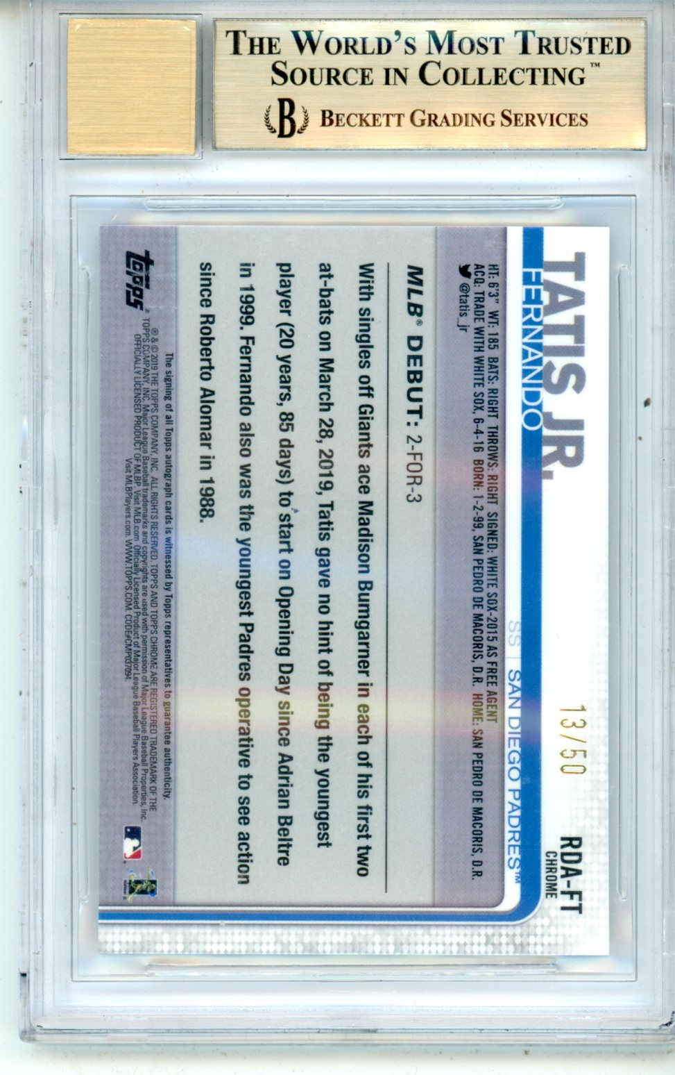 2019 Topps Chrome Update Rookie Autos Gold Refractors Fernando Tatis Jr. BGS 9.5 - Graded Sports Cards