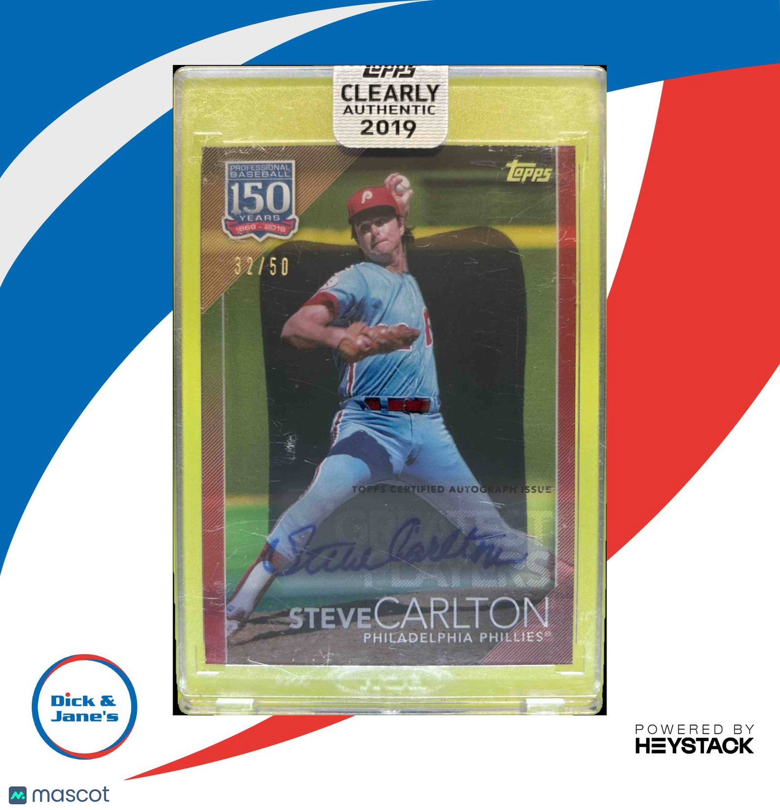 2019 Topps Clearly Authentic Steve Carlton 150 Years of Baseball Auto Red 32/50 - Sports Cards