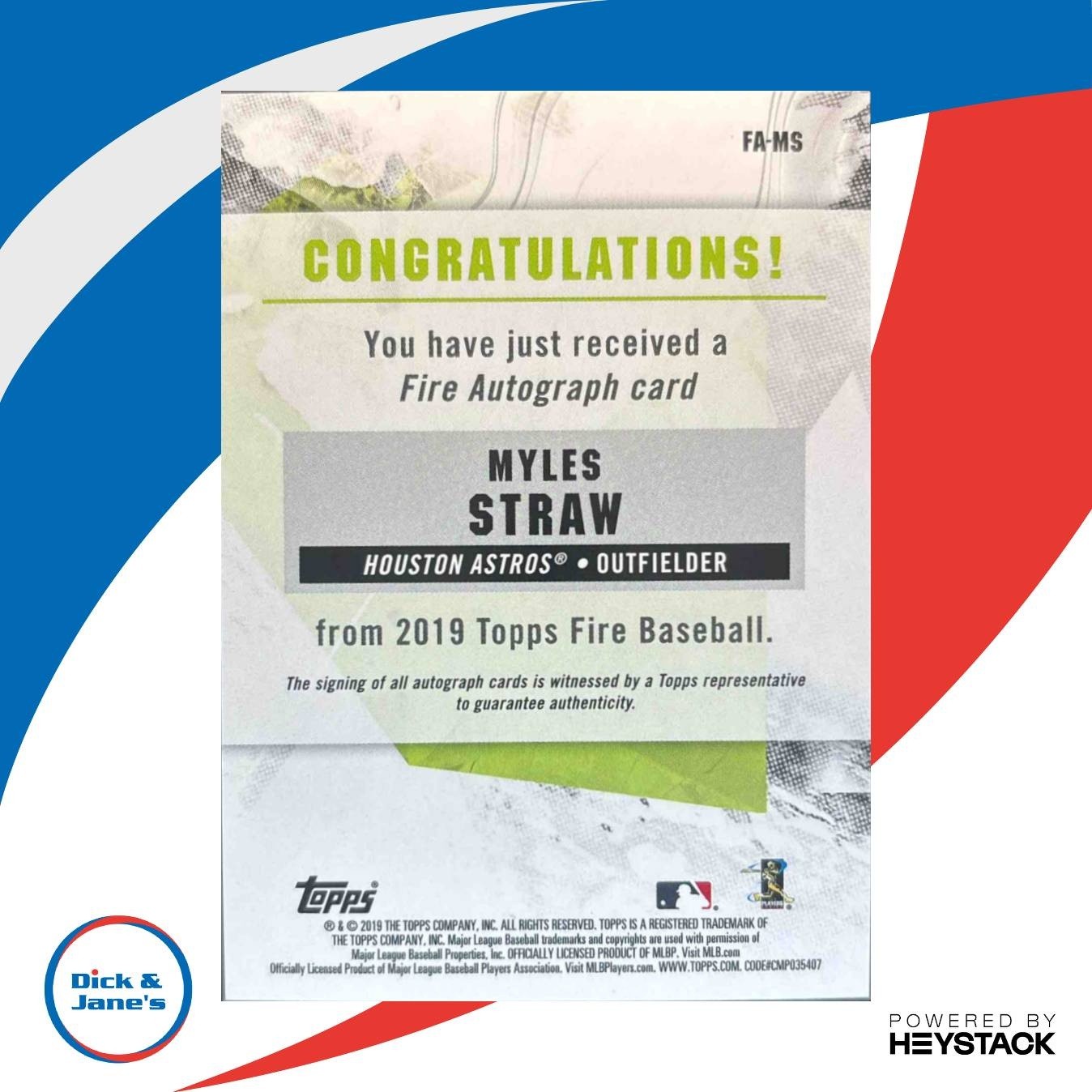 2019 Topps Fire Myles Straw Auto #FA-MS RC Houston Astros - Sports Cards