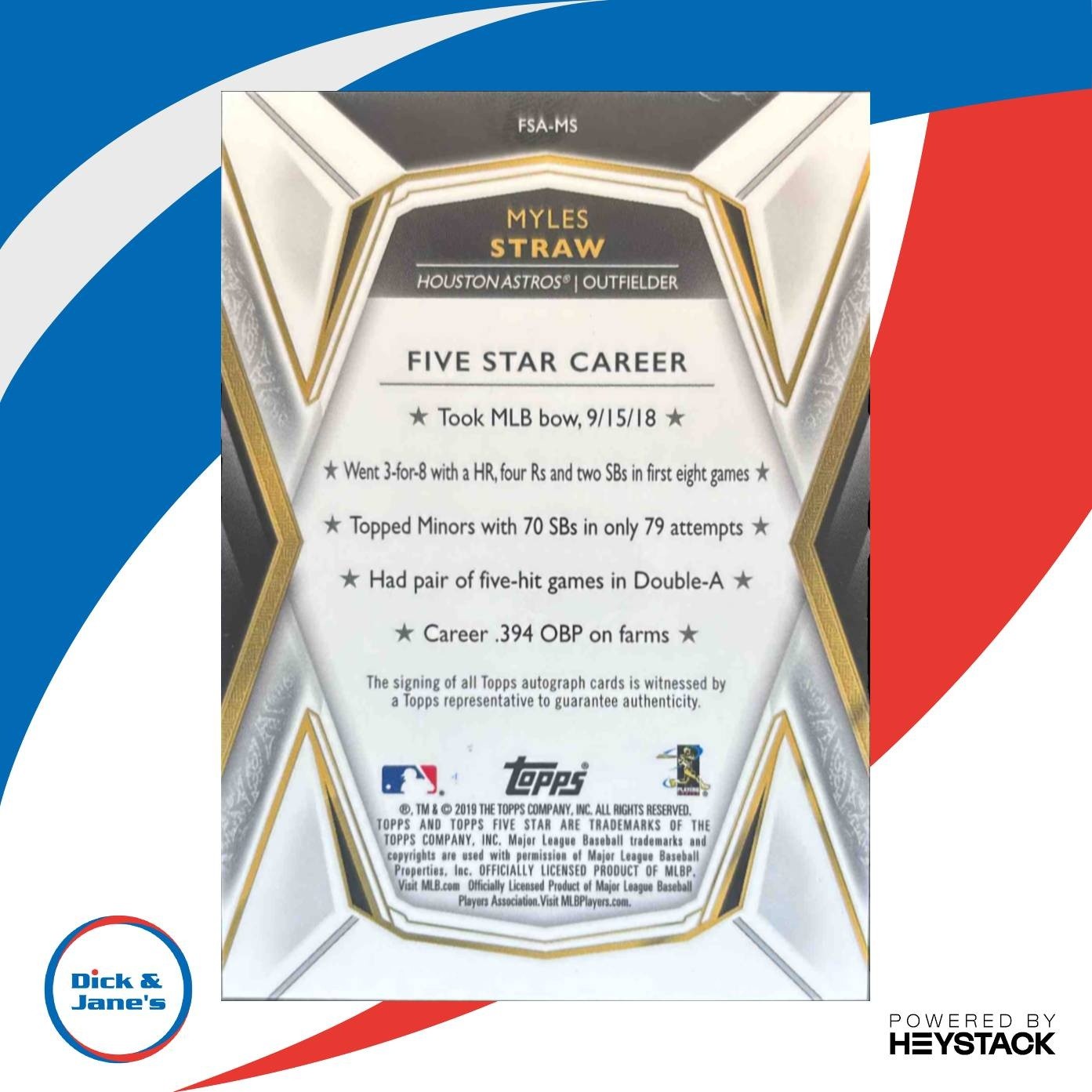 2019 Topps Five Star Myles Straw #FSA-MS RC Auto Houston Astros - Sports Cards