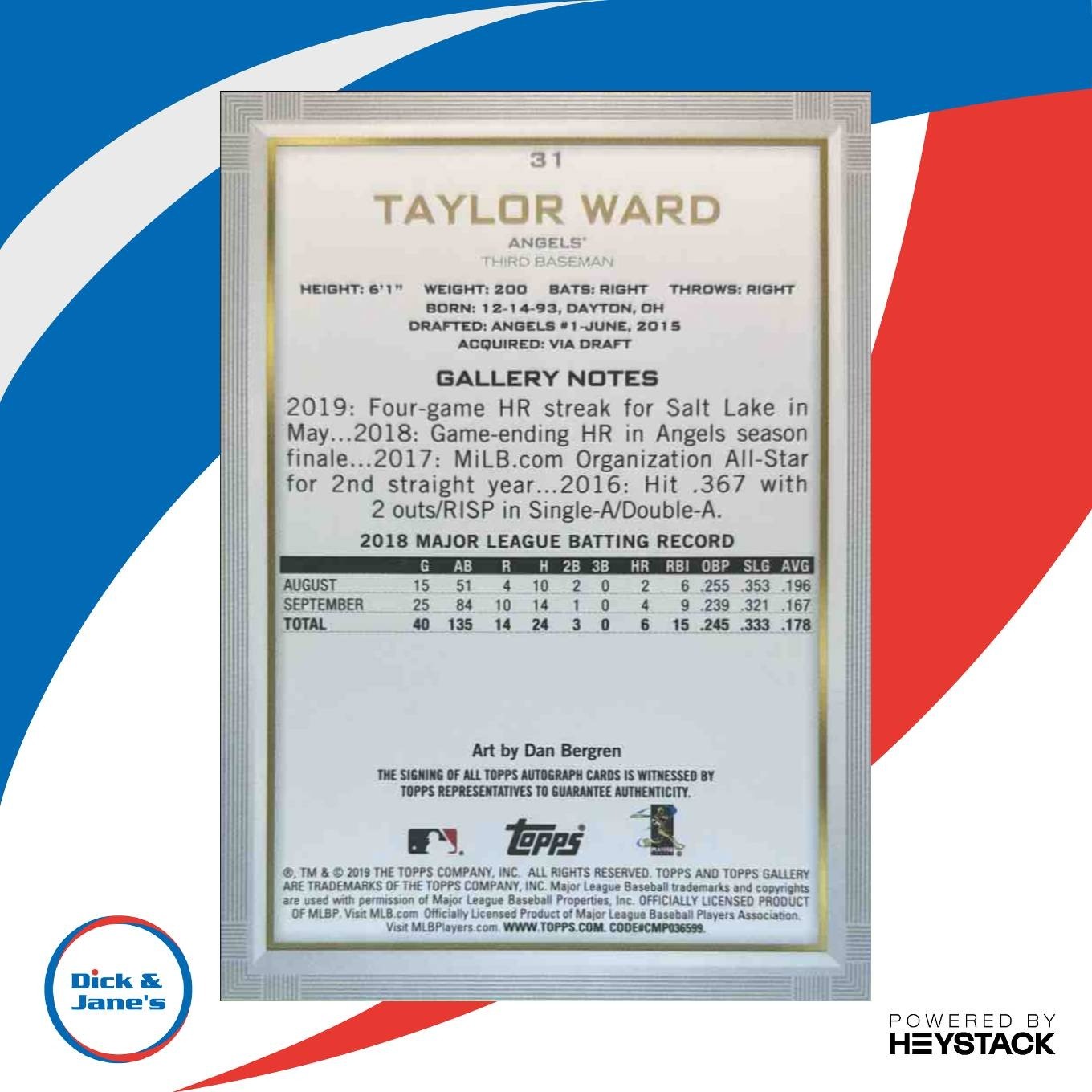 2019 Topps Gallery Taylor Ward Auto #31 RC Los Angeles Angels - Sports Cards