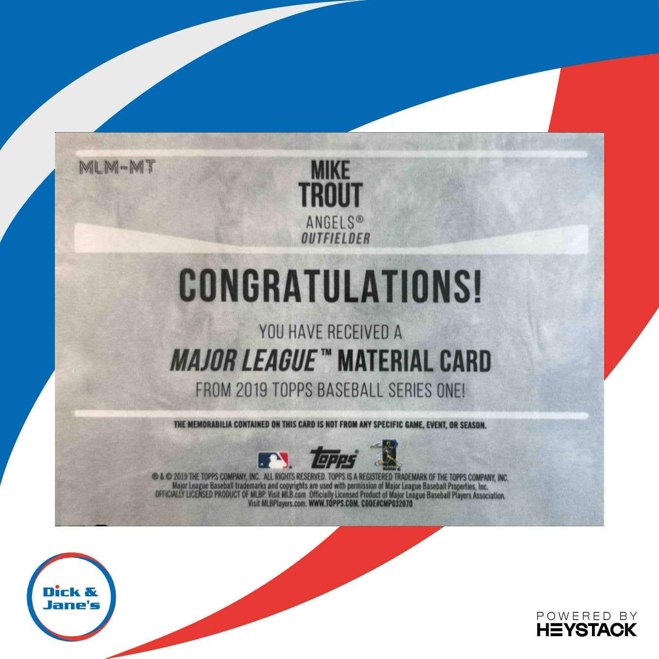 2019 Topps Mike Trout Major League Material Relics #MLM-MT Los Angeles Angels - Sports Cards