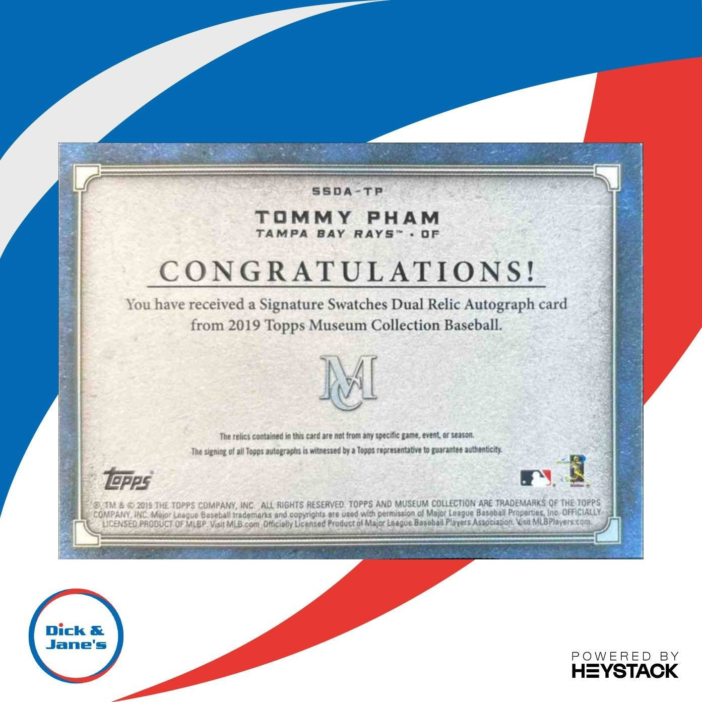 2019 Topps Museum Collection Tommy Pham Signature Swatches Dual Relic /199 Rays - Sports Cards