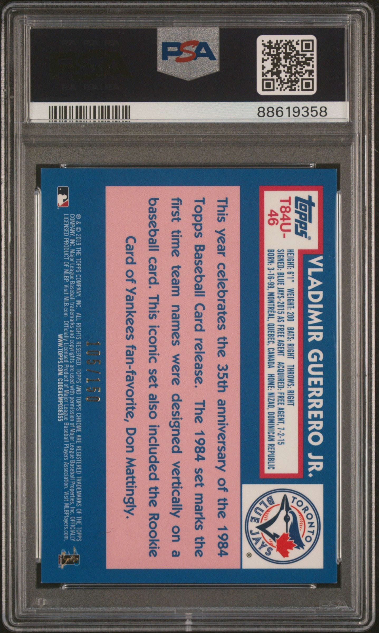 2019 Topps Silver Pack 84 Chrome Promo Vladimir Guerrero JR Blue REF /150 PSA 9 - Graded Sports Cards