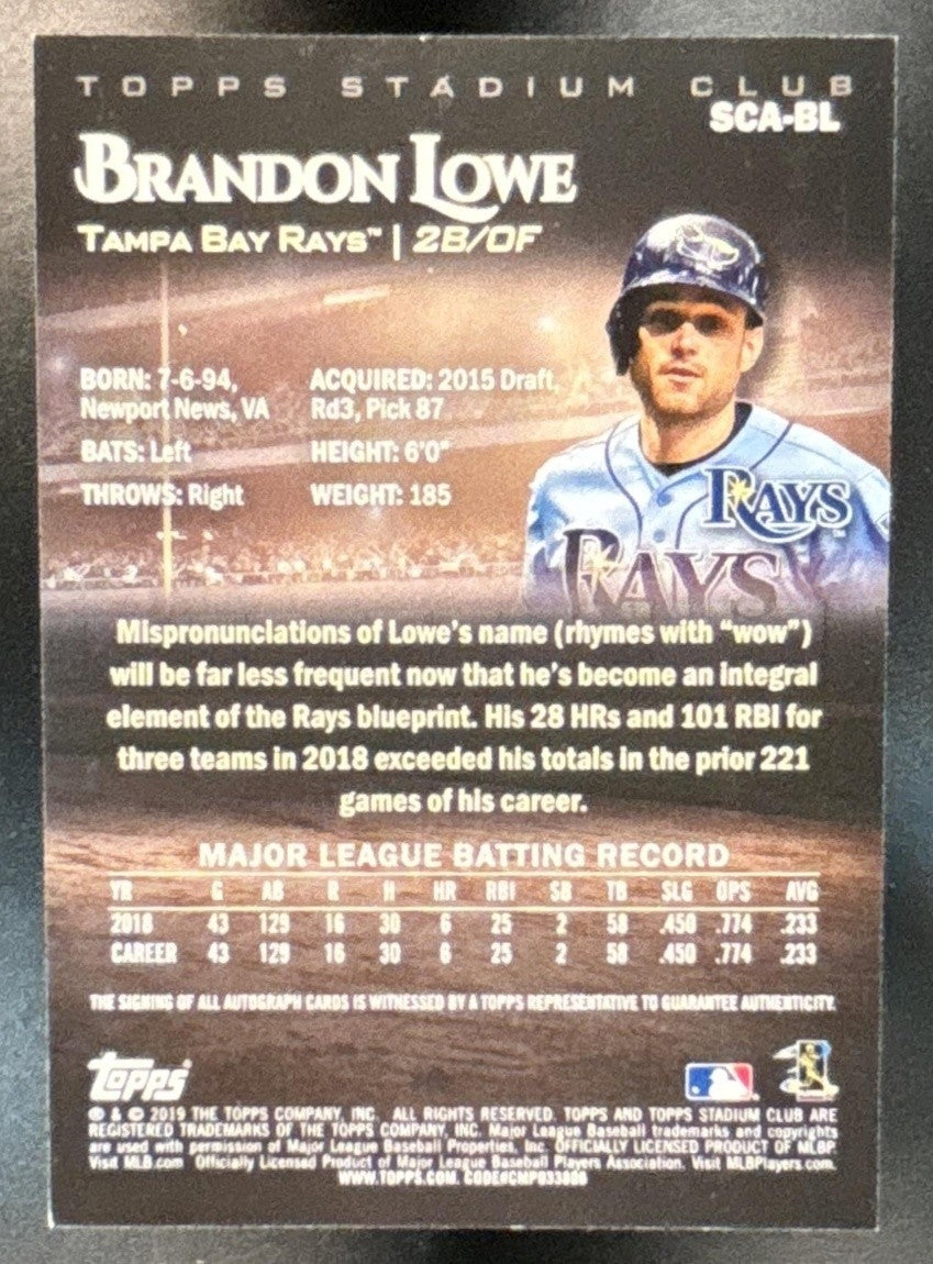 2019 Topps Stadium Club Brandon Lowe Auto #SCA-BL RC Tampa Bay Rays - Sports Cards