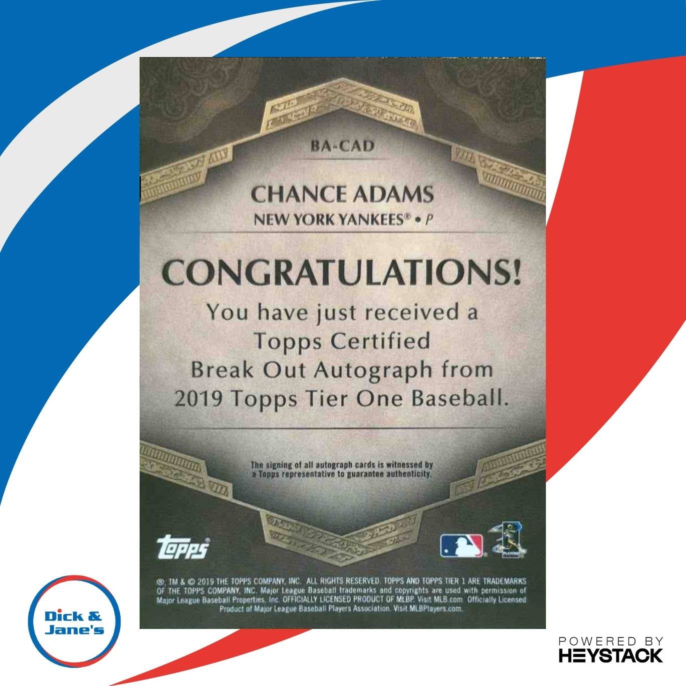 2019 Topps Tier One Chance Adams Break Out Auto 47/250 RC New York Yankees - Sports Cards