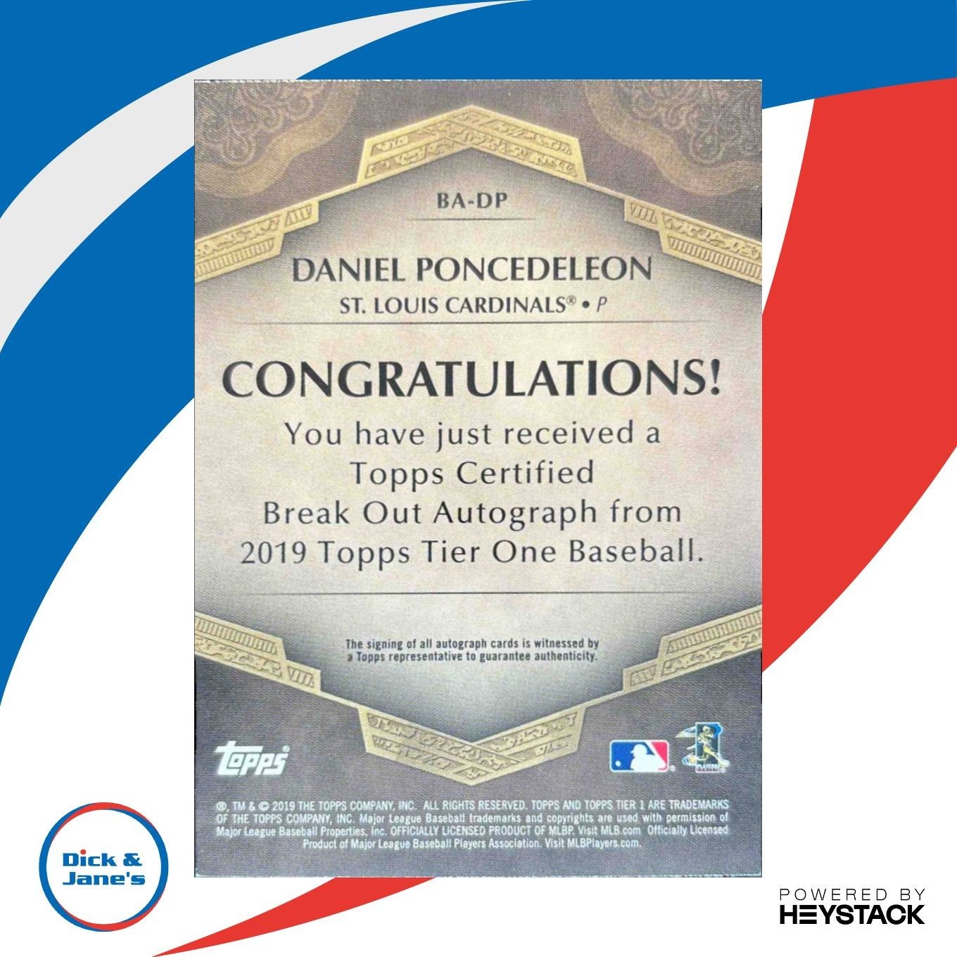 2019 Topps Tier One Daniel Poncedeleon Break Out Auto /250 St. Louis Cardinals - Sports Cards