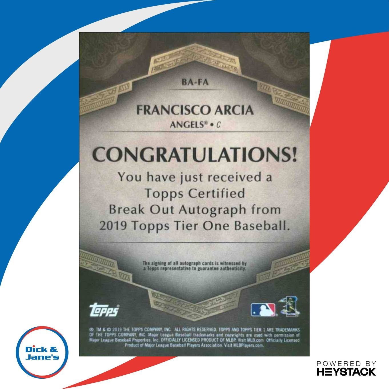 2019 Topps Tier One Francisco Arcia Break Out Auto /250 RC Los Angeles Angels - Sports Cards