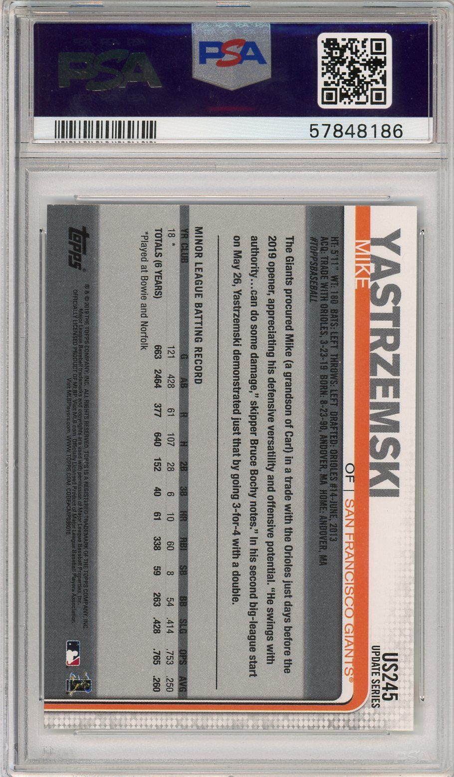 2019 Topps Update Mike Yastrzemski Rookie #US245 PSA 10 San Francisco Giants - Graded Sports Cards