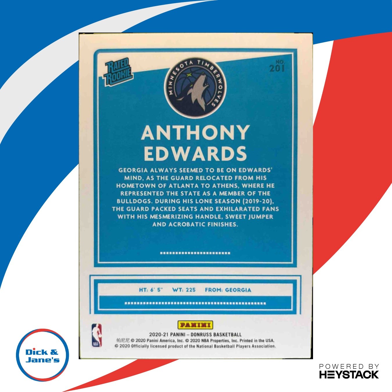 2020-21 Donruss Anthony Edwards Holo Orange Laser #201 Rated RookieTimberwolves - Sports Cards