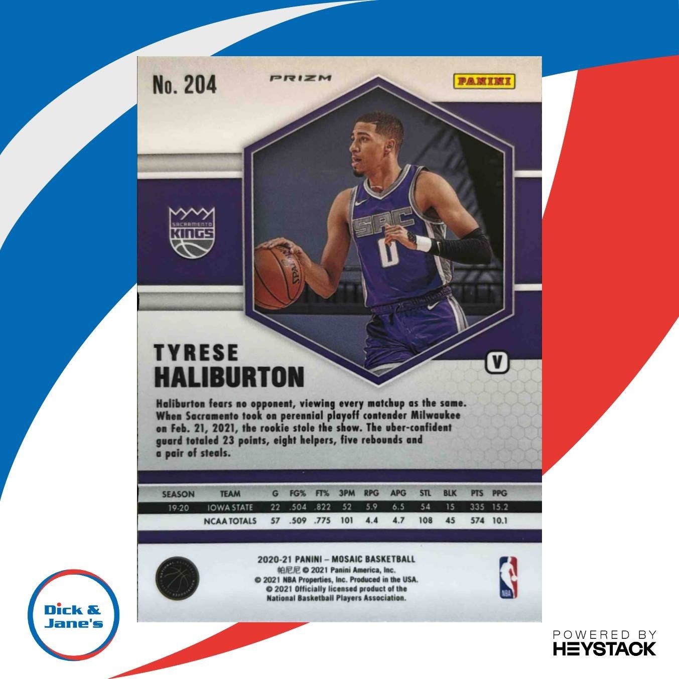 2020-21 Mosaic Tyrese Haliburton Fast Break Silver #204b RC VAR Sacramento Kings - Sports Cards