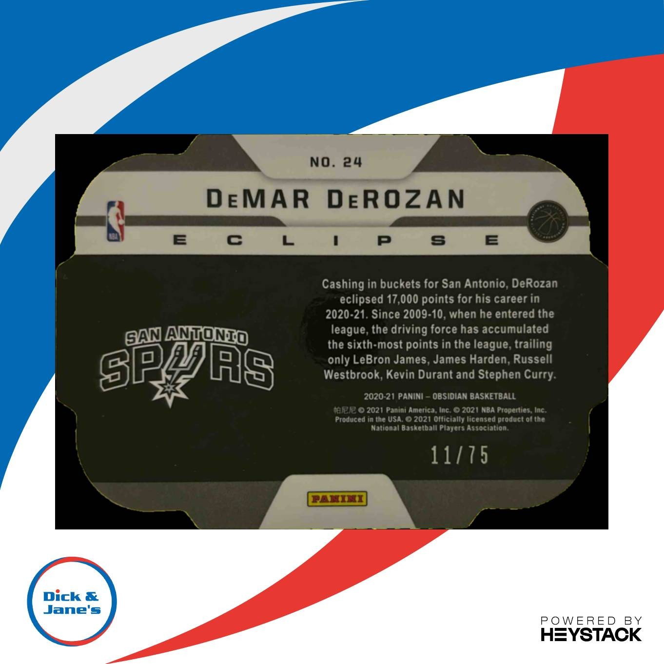 2020-21 Obsidian DeMar DeRozan Eclipse Electric Etch Purple Die Cut 11/75 Spurs - Sports Cards