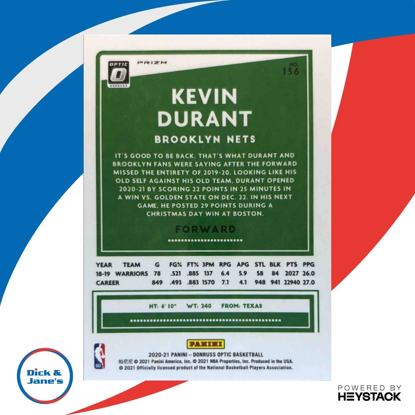 2020-21 Panini Donruss Optic Kevin Durant Hyper Pink #136 Brooklyn Nets - Sports Cards