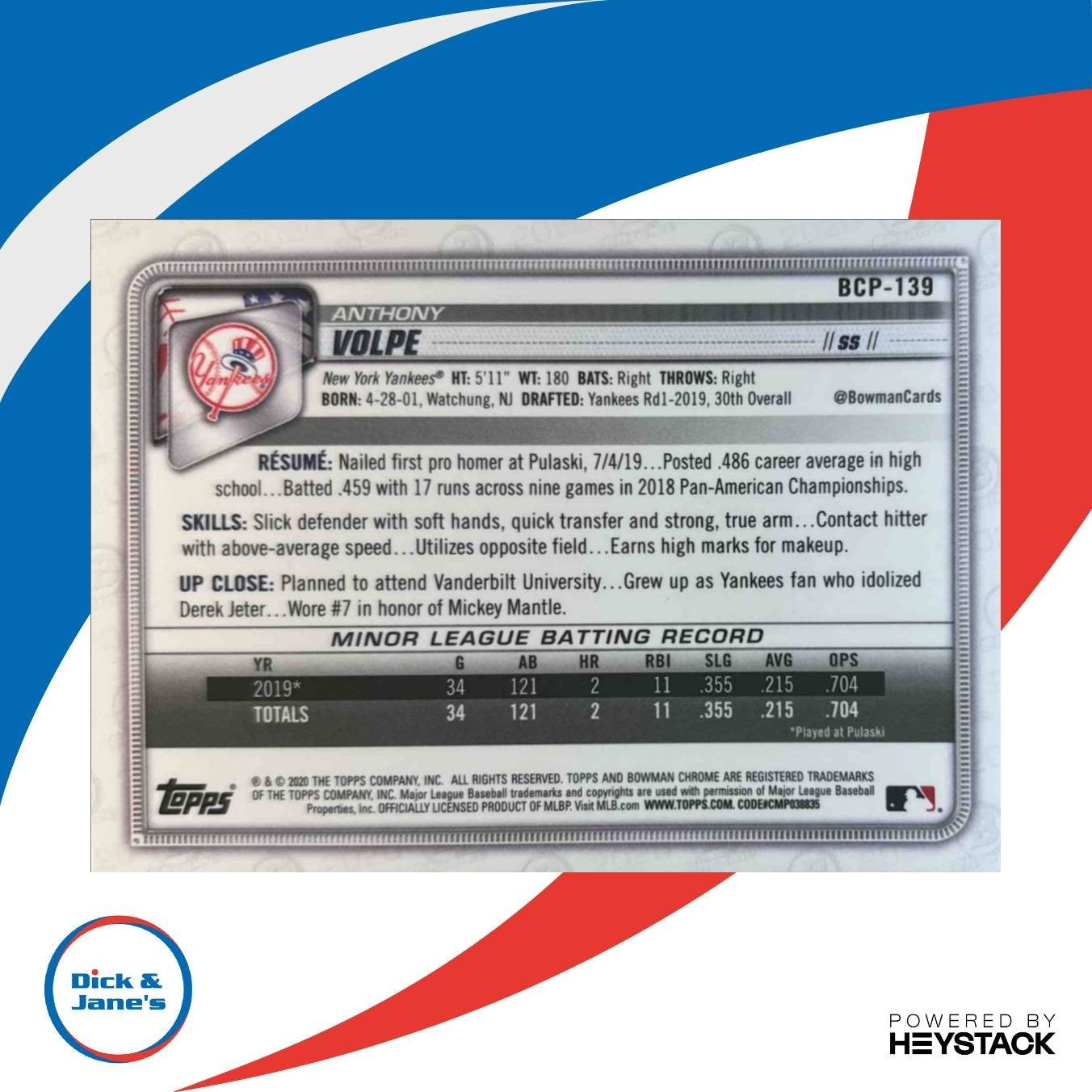 2020 Bowman Anthony Volpe Chrome Prospects Mega Box Mojo #BCP-139 Yankees - Sports Cards