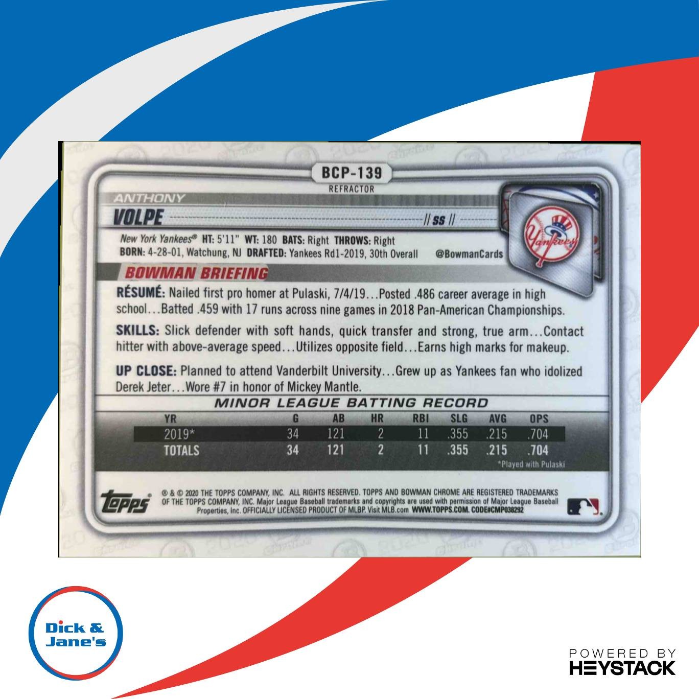 2020 Bowman Anthony Volpe Chrome Prospects Refractor 138/499 New York Yankees Sports Cards