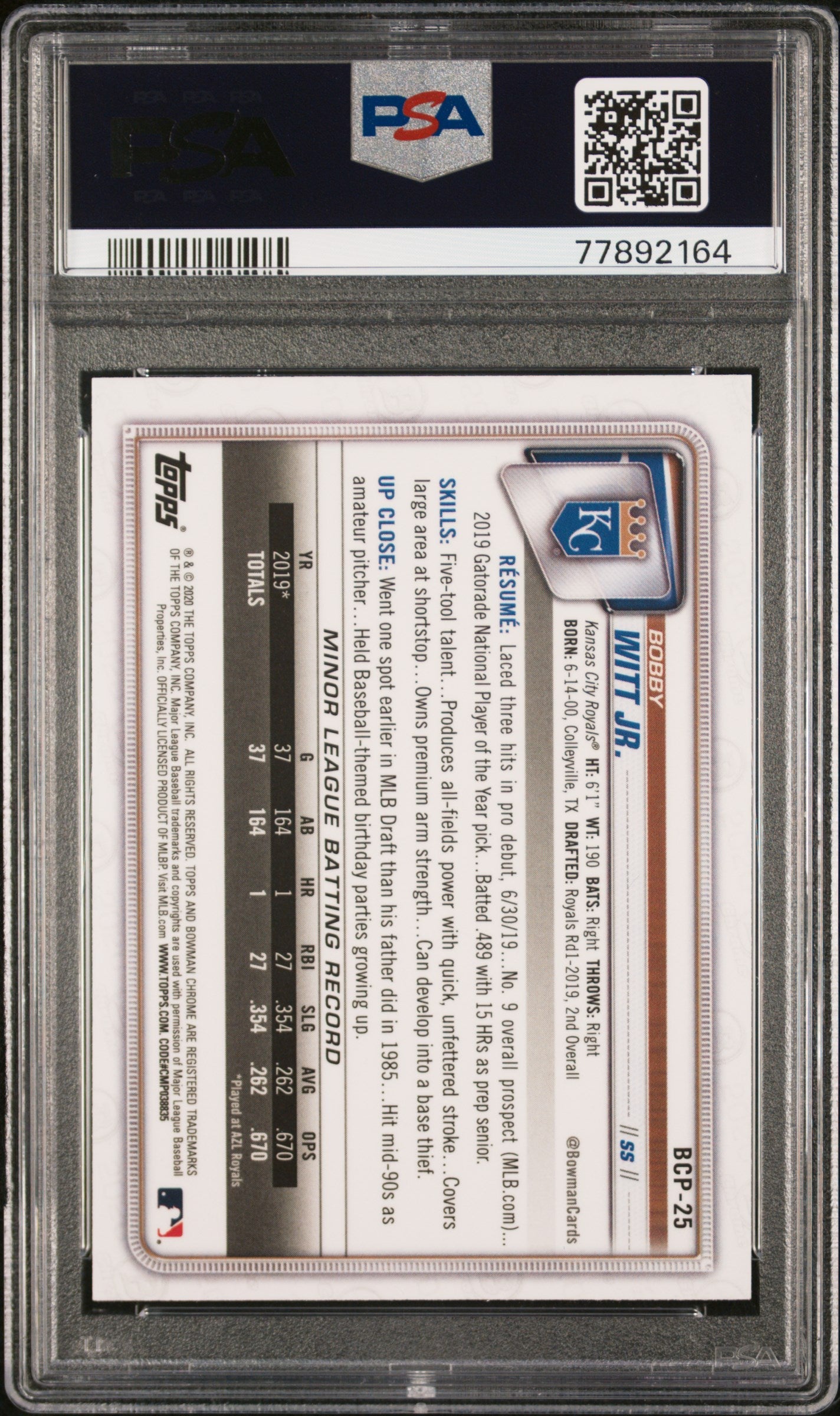 2020 Bowman Chrome Mega Box Bobby Witt JR. Rookie #BCP25 PSA 9 MINT - Graded Sports Cards