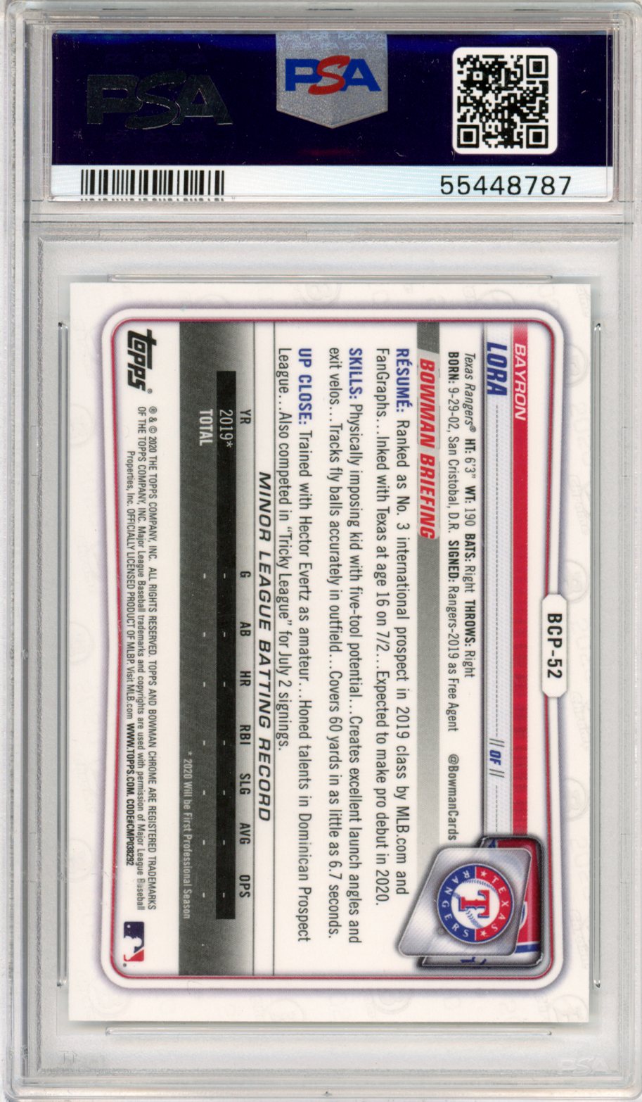 2020 Bowman Chrome Prospects Bayron Lora #BCP52 PSA 9 - Graded Sports Cards