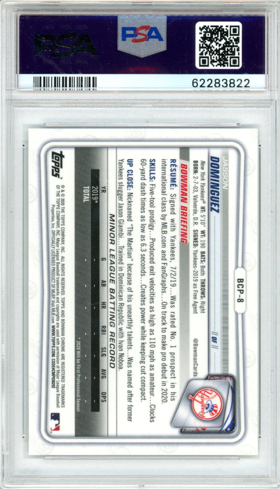 2020 Bowman Chrome Prospects Jasson Dominguez #BCP8 PSA 10 - Graded Sports Cards