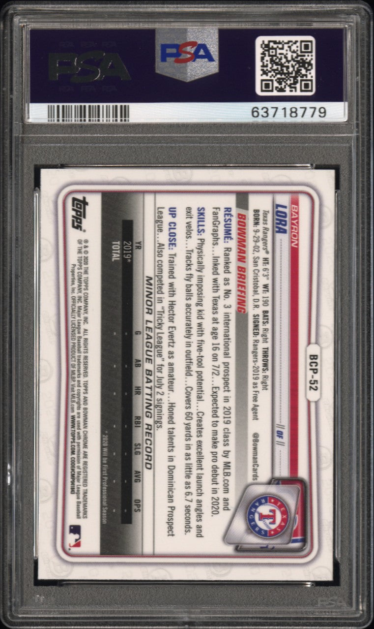 2020 Bowman Chrome Sapphire Edition Bayron Lora #BCP52 PSA 10 Texas Rangers - Graded Sports Cards