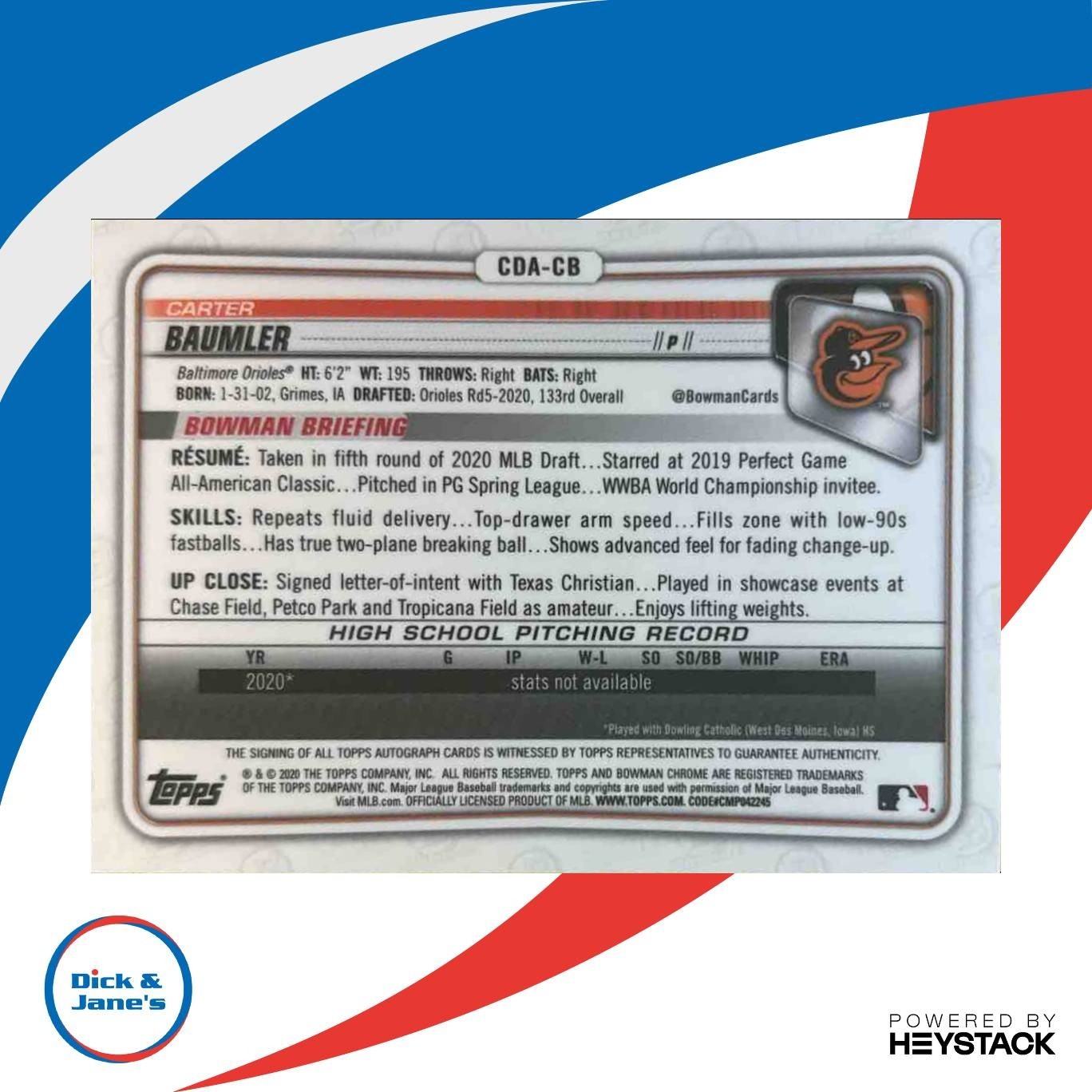 2020 Bowman Draft Carter Baumler Chrome Pick Auto #CDA-CB Baltimore Orioles - Sports Cards