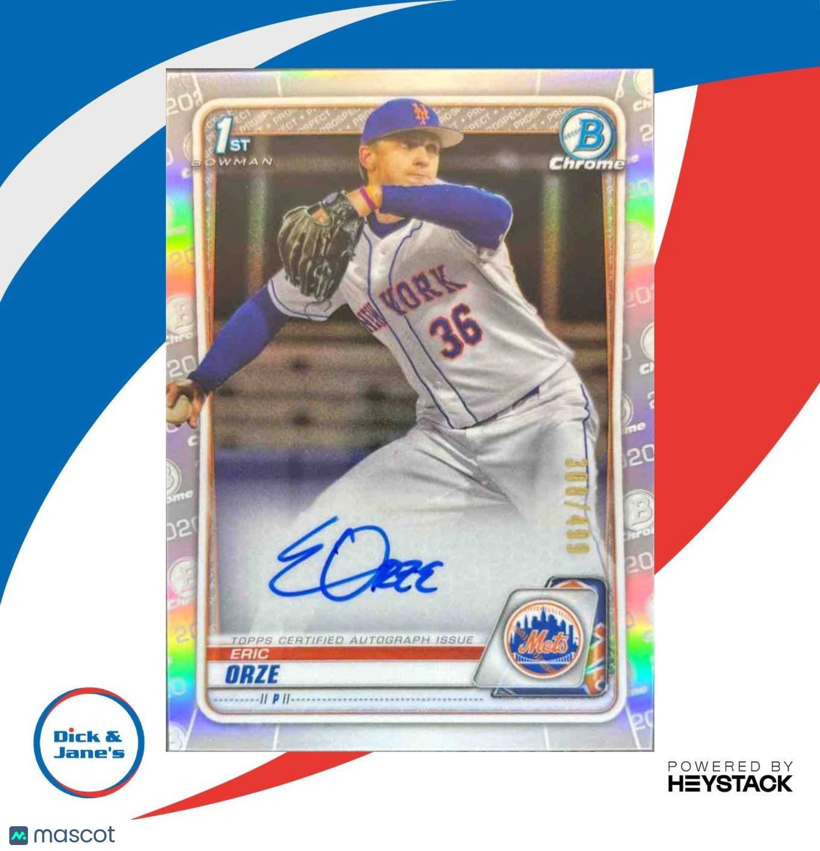 2020 Bowman Draft Eric Orze Chrome Pick Auto Refractor 8/499 New York Mets - Sports Cards