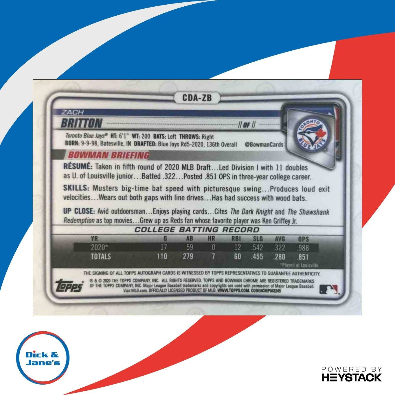 2020 Bowman Draft Zach Britton Chrome Pick Auto #CDA-ZB Toronto Blue Jays - Sports Cards