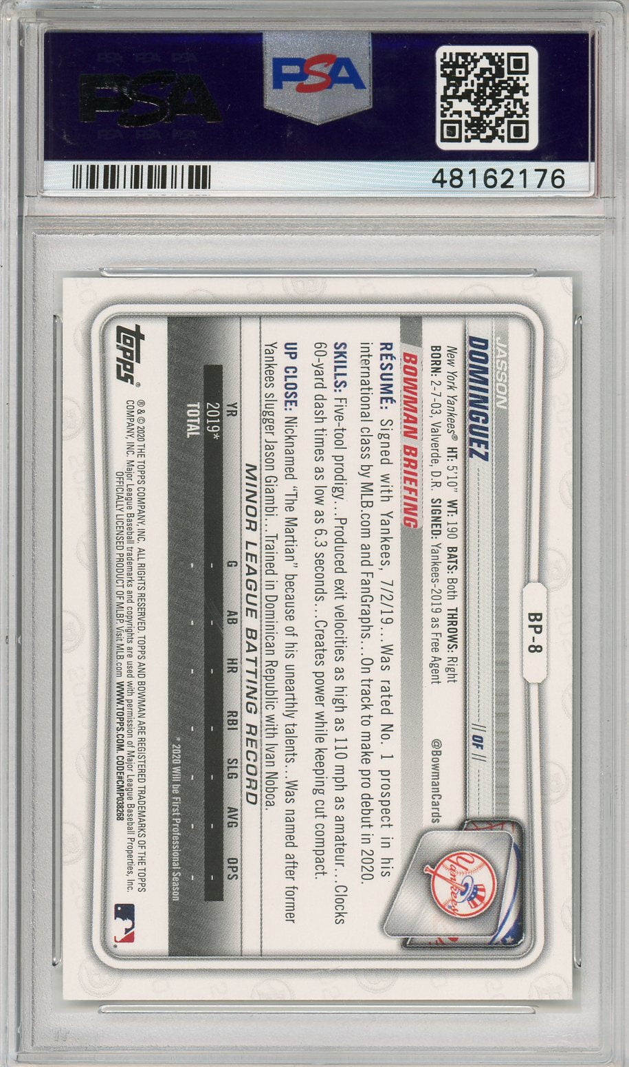 2020 Bowman Paper Prospects Jasson Dominguez Camo #BP8 PSA 10 GEM MINT - Graded Sports Cards