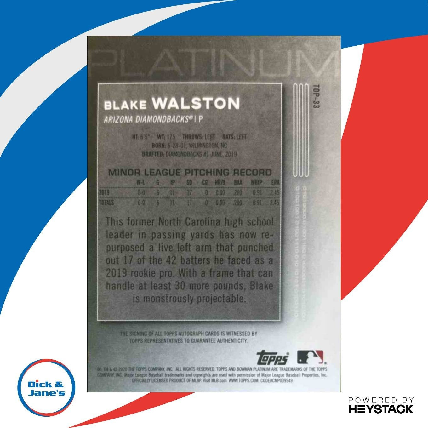 2020 Bowman Platinum Blake Walston Top Prospect Auto Arizona Diamondbacks - Sports Cards