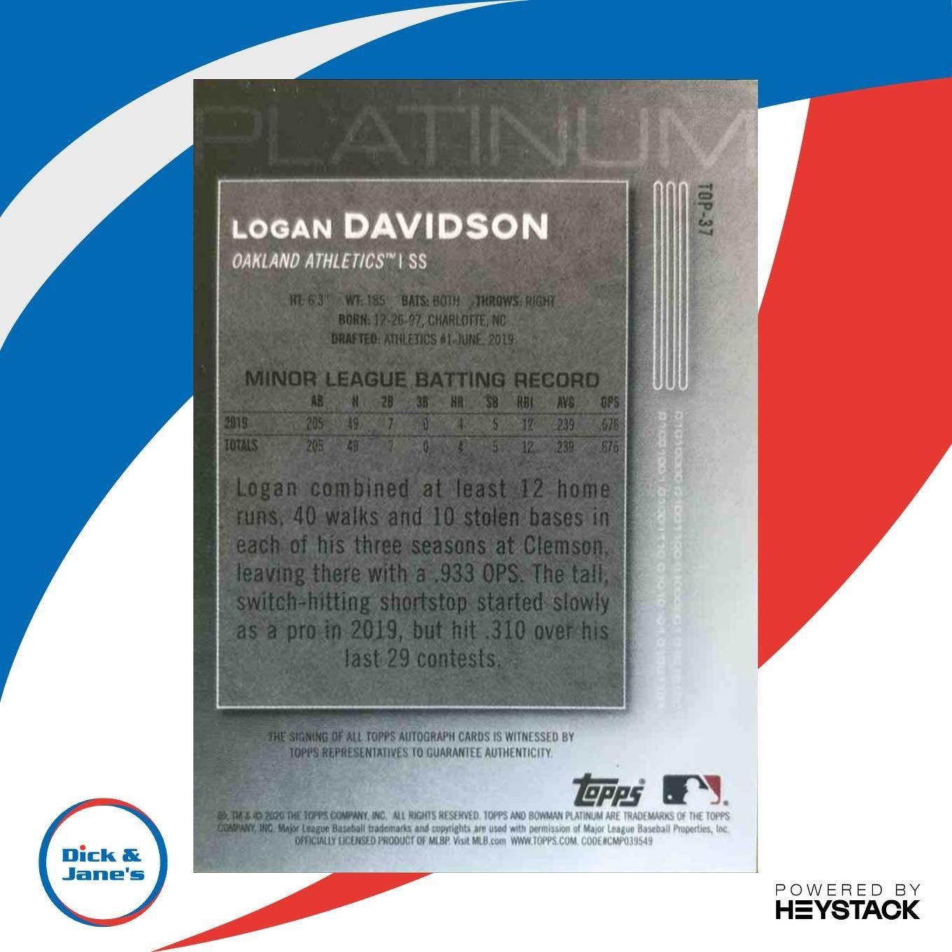 2020 Bowman Platinum Logan Davidson Top Prospect Auto #TOP-37 Oakland Athletics - Sports Cards