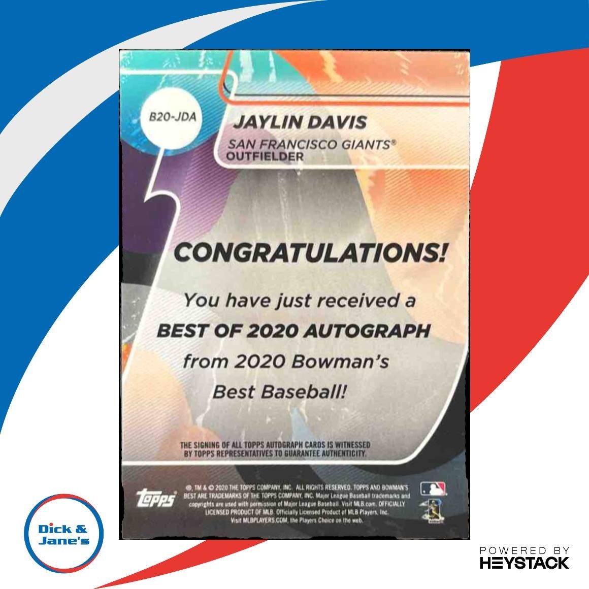 2020 Bowman’s Best Jaylin Davis Best of 2020 Auto Blue /150 RC Giants - Sports Cards